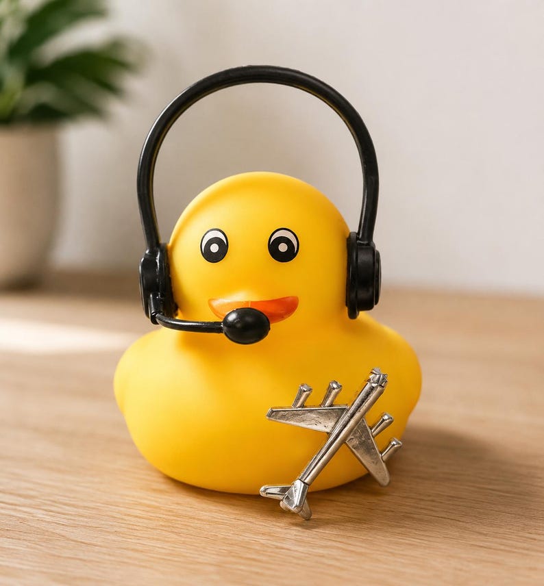 May include: A bright yellow rubber duck wearing a black headset with an attached microphone. The duck features a small orange beak and black eyes. A silver-colored metal airplane figurine is positioned in front of the duck's body.