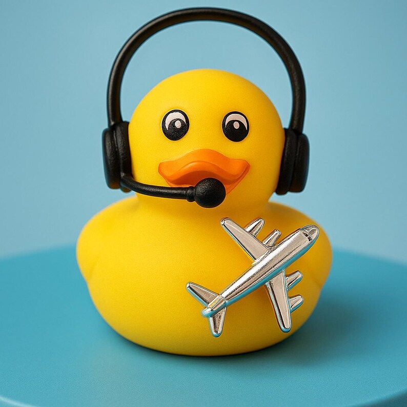 May include: A bright yellow rubber duck wearing black over-ear headphones with an attached microphone boom. A small, silver-colored metallic airplane figurine is attached to the front of the duck's chest, featuring detailed wings and tail fins.