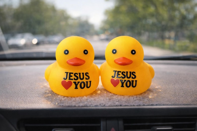 May include: Two yellow rubber duck toys with black eyes and orange beaks. Each duck has the words "JESUS YOU" printed on its chest, with a red heart below. The ducks are sitting on a car dashboard.