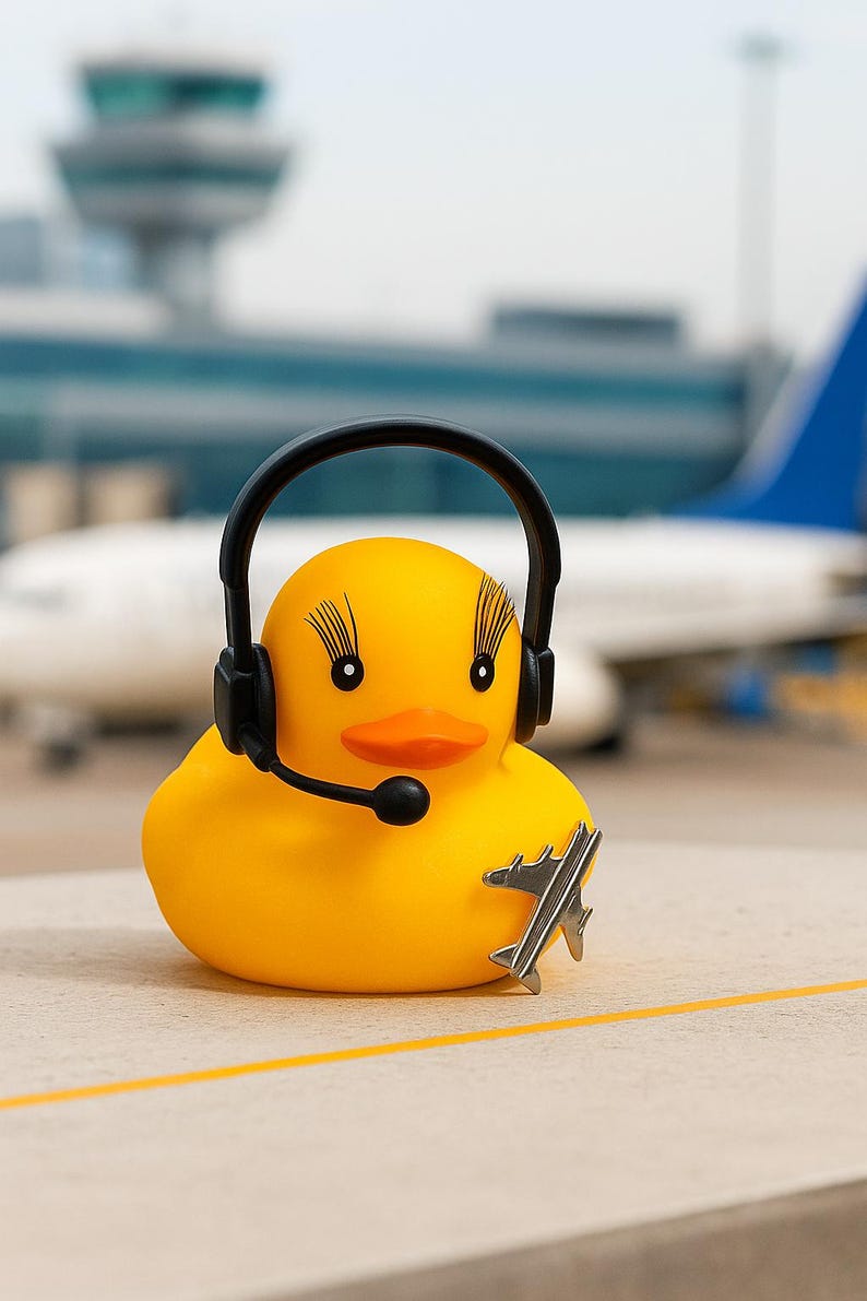 May include: A bright yellow rubber duck featuring long black eyelashes, wearing a black headset with a microphone boom, and holding a small silver-colored metal airplane figurine in its wing. The duck has a vibrant orange beak and black eyes.