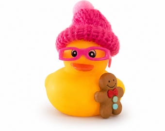 Hand-Decorated Christmas Rubber Duck with Gingerbread Man, Winter Car Decor