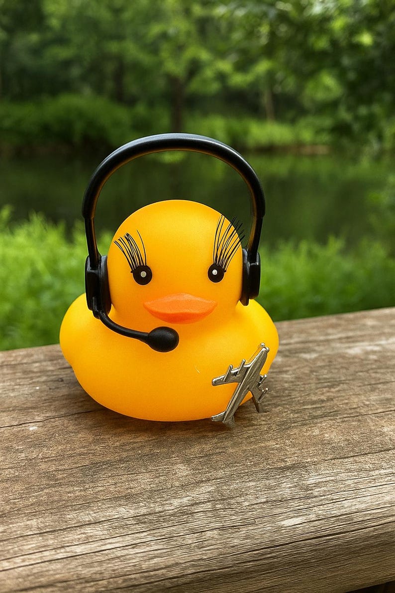 May include: A bright yellow rubber duck featuring long black eyelashes, wearing a black headset with a microphone boom, and adorned with a small silver-toned metal airplane charm attached to its side, creating a whimsical aviation-themed character.