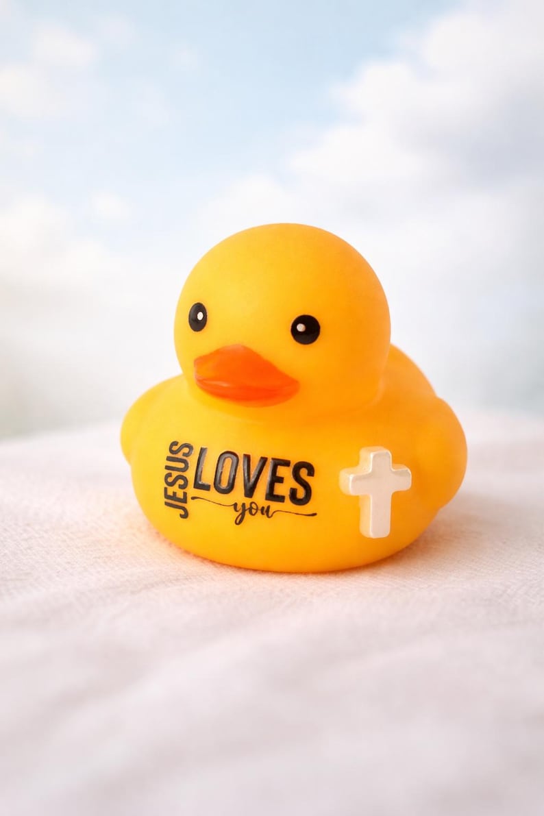 May include: A yellow rubber duck with black eyes and an orange beak. The text "JESUS LOVES you" is printed on the duck's chest, along with a white cross. The duck is a religious-themed item.