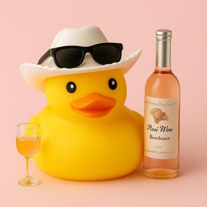 Wine Drinking Rubber Duck: Cowboy Car Dashboard Decor Rose with pink glass