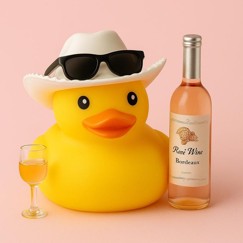 Wine Drinking Rubber Duck: Cowboy Car Dashboard Decor Rose with pink glass