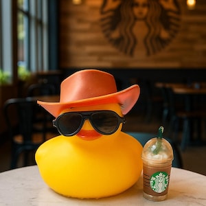 Dekoracja deski rozdzielczej z gumową kaczką w stylu western – prezent dla miłośnika kawy Starbucks, samochód i dom kolekcjonerska kaczka zdjęcie 1
