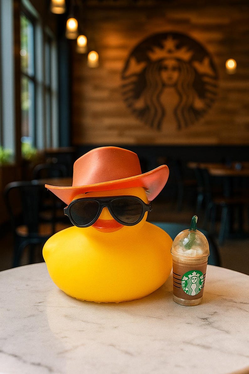 Dekoracja deski rozdzielczej z gumową kaczką w stylu western – prezent dla miłośnika kawy Starbucks, samochód i dom kolekcjonerska kaczka zdjęcie 1