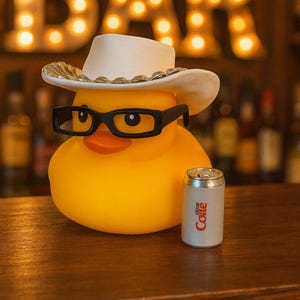 May include: A yellow rubber duck wearing a white cowboy hat, black glasses, and a red beak. Beside the duck is a miniature can of Coke. The background features a lit-up "BAR" sign.