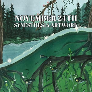 May include: A painting depicting a forest scene with a river flowing through it. The river is depicted as if it is being viewed from underwater, with green water and dark branches. The text "NOVEMBER 24TH SYNESTHESIA ARTWORK" is at the top of the painting.