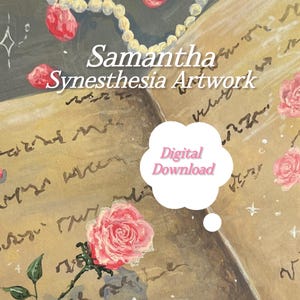 Może przedstawiać: Cyfrowe pobranie artystyczne o estetyce vintage. Grafika przedstawia naszyjnik z pereł, czerwone płatki róż i różowe róże. Tekst brzmi "Samantha Synesthesia Artwork" i "Digital Download".