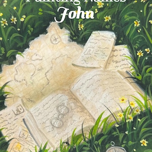 May include: An artistic illustration featuring a map, open books, and a compass nestled in grass with small yellow flowers. The text "Painting Names John" is at the top. The artwork has a vintage, whimsical feel.