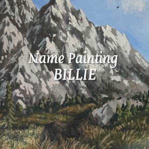 Może przedstawiać: Obraz akrylowy przedstawiający pasmo górskie ze szczytami pokrytymi śniegiem pod błękitnym niebem z ptakami. Obraz zawiera napis "Name Painting BILLIE" białymi literami.