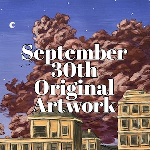 May include: A painting of a cityscape at night with a large pink cloud in the sky. The cloud has the text "September 30th Original Artwork" written on it.