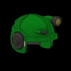 Könnte beinhalten: Ein grüner, futuristischer Helm mit einer kreisförmigen Seitenkomponente und einer zylindrischen Leuchte. Der Helm hat eine abgerundete Oberseite und eine visierartige Front. Die Leuchte hat eine gelbe Linse. Der Helm ist vor schwarzem Hintergrund.