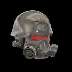 Pode incluir: Um capacete cinza metálico com viseira vermelha e respirador. O capacete tem um topo arredondado com rebites visíveis e detalhes circulares. O respirador apresenta filtros circulares e um bocal texturizado, sobre um fundo preto.