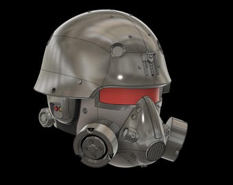 May include: A metallic gray helmet with a red visor and a respirator. The helmet has a rounded top with visible rivets and circular details. The respirator features circular filters and a textured mouthpiece, set against a black background.