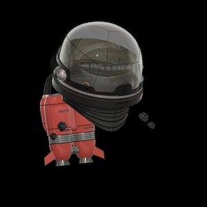 May include: A futuristic astronaut helmet with a clear, multi-faceted visor and a black neck seal. Attached is a red jetpack with silver accents and two exhaust nozzles. The image is set against a black background.