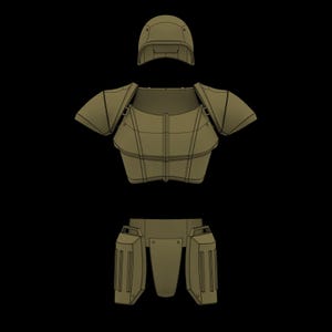 Op de afbeelding: Een olijfgroene harnasset, bestaande uit een helm, een borststuk met schouderbeschermers en een heupgordel met bevestigde beenbescherming. Het harnas heeft een militair ontwerp.