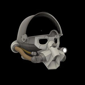 Könnte beinhalten: Ein grauer und schwarzer Helm mit einem klaren Visier und einem schwarzen Mundstück. Der Helm hat einen braunen Schlauch.