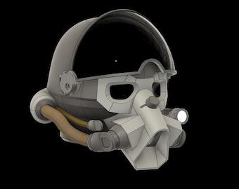 May include: A gray and black helmet with a clear visor and a black mouthpiece. The helmet has a brown hose attached to it.