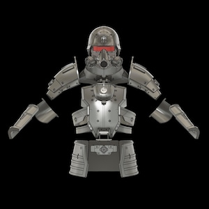 May include: A 3D model of a futuristic, grey, armoured suit. The suit is disassembled into separate pieces, including a helmet, chest plate, shoulder pads, and leg armour.