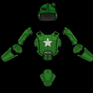May include: Green military-style armor set, including a helmet, chest piece with a white star, and segmented arm and leg pieces. The design is set against a black background, with a detailed, mechanical aesthetic.