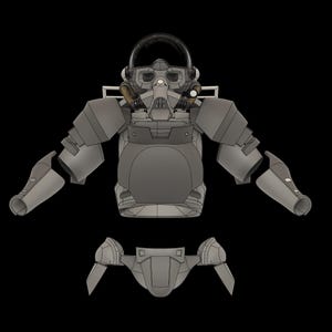 Puede incluir: Un conjunto de armadura de estilo futurista gris y negro con casco, pieza de pecho, hombreras y piezas de pierna.