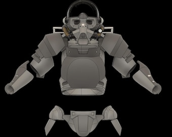 May include: A gray and black futuristic-style armor set with a helmet, chest piece, shoulder pads, and leg pieces.