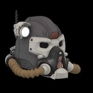 Könnte beinhalten: Ein schwarz-weißer Helm mit einem braunen Schlauch. Der Helm hat ein weißes Visier mit einem schwarzen Visier und ein schwarzes und braunes Atemgerät.