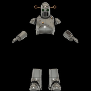 Puede incluir: Un robot plateado con cabeza redonda, ojos verdes y una antena dorada. El robot tiene un cuerpo plateado con acabado metálico. El robot está desmontado en partes separadas, incluyendo la cabeza, el torso, los brazos y las piernas.