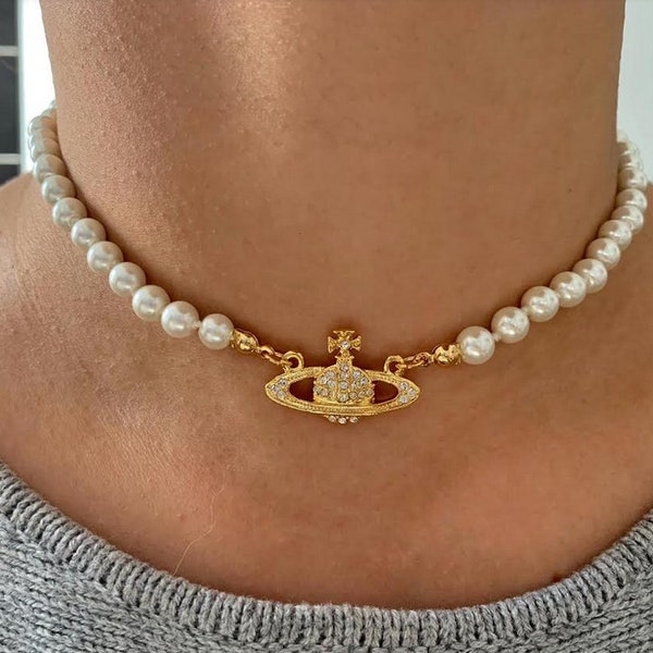 New In Box Vivienne Westwood Gold Pearl Choker Necklace Mini Bas Relief