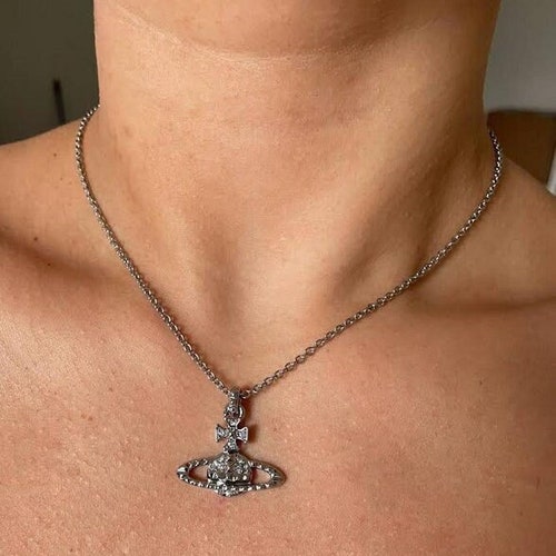 In Box Vivienne Westwood Silver Orb Necklace With White Crystals