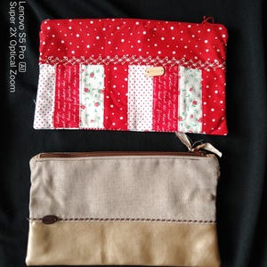 Kosmetiktasche, ca. 25 x 15 cm, Rot, Beige, Gold, Baumwolle, Kunstleder, Reißverschluss, gefüttert