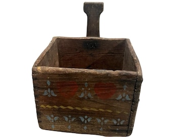 Antique Primitive Wooden Hand Painted Folk Art Square Caddy Dovetail