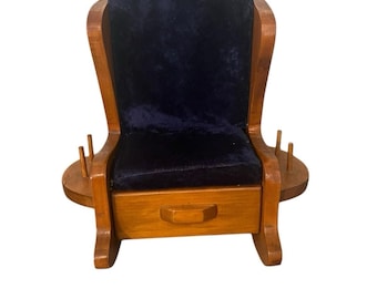 Vintage Wood Pin Rocking Chair Pin Cushion Storage Drawer Thread Spool Holders