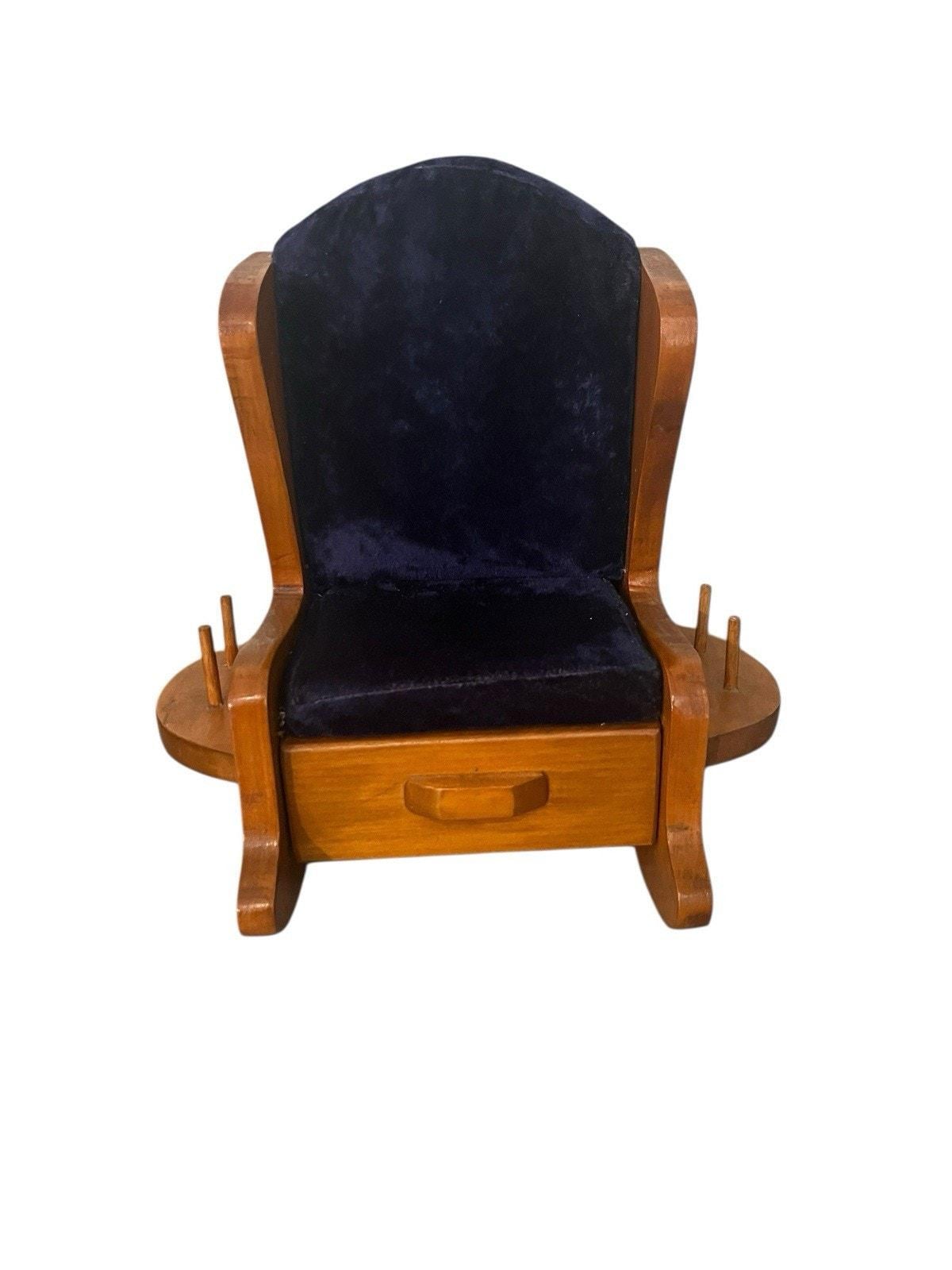 Vintage Wood Pin Rocking Chair Pin Cushion Storage Drawer Thread Spool Holders