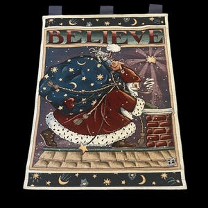 Vintage Mary Engelbreit Believe Tapestry Wall Hanging Santa Whimsical Stars