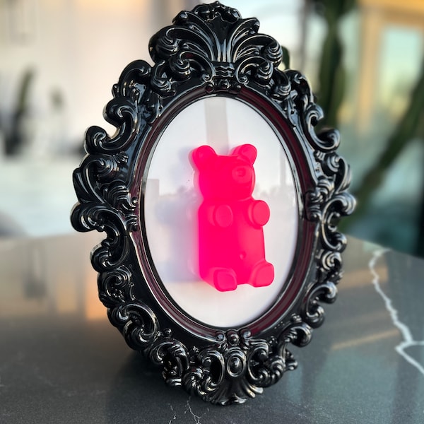 Giant Resin Gummy Bear Neon Pink Wall Art 12.5X9.5 Baroque Frame 3D Painting Pop Art Present Gift Epoxy Candy Ice Cream Handmade Hanging