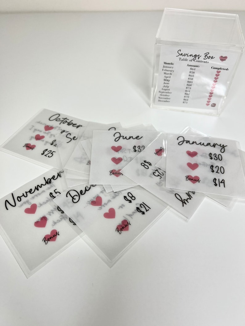 May include: A set of 12 clear envelopes with a pink heart and handwritten text. Each envelope has a month of the year and a dollar amount. The envelopes are stacked on top of each other. The text on the envelopes reads: January $30, $20, $14, June $32, $8, $21, October $25, November $15, December $8, $21.
