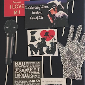 May include: A collection of Michael Jackson-themed photo booth props on a black background. Includes sunglasses, a fedora, a microphone, and signs with song titles, quotes, and the text "Keep Calm Because I Love MJ."