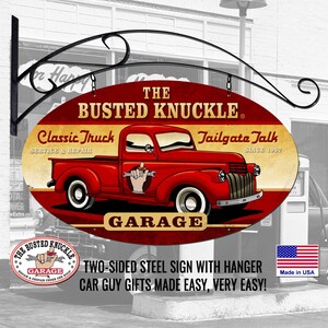Busted Knuckle Garage Sign: Old Red Truck, Two-Sided Steel