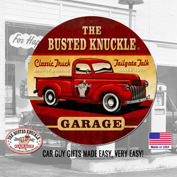 Gift for Auto Mechanic Carguy Large Metal OLD RED TRUCK Shop Garage Sign by The Busted Knuckle Garage