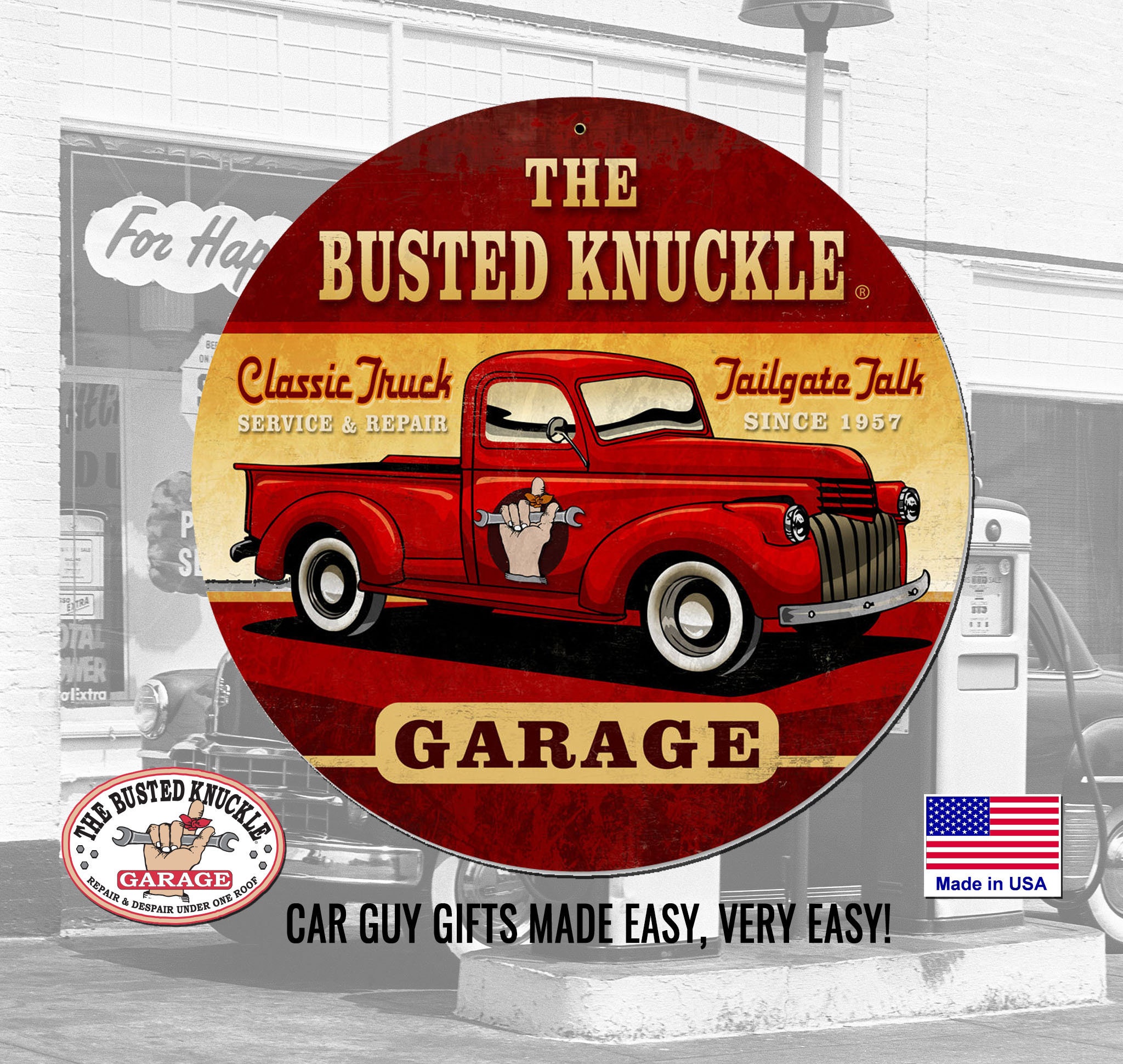 Gift for Auto Mechanic Carguy Large Metal OLD RED TRUCK Shop Garage ...