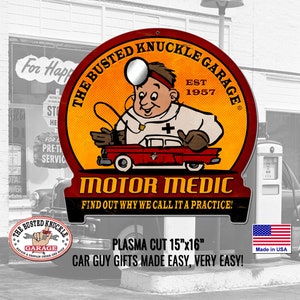 Busted Knuckle Garage Metal Sign: Gift for Auto Mechanic Car Guy
