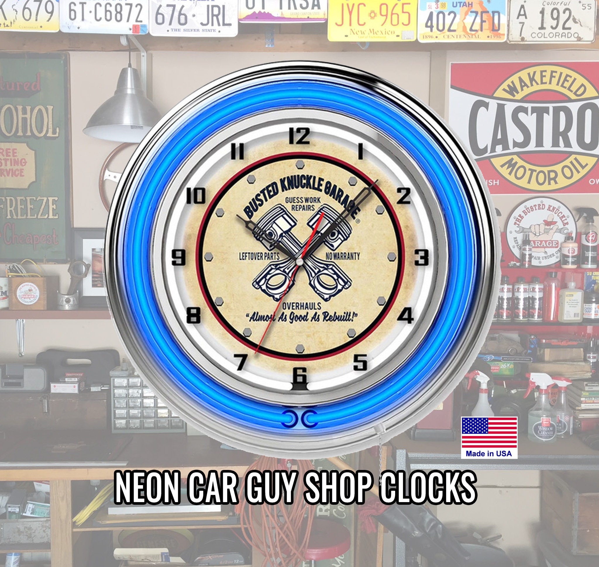 thumbnail image 2 of Neonetics Genuine Ford Parts Garage Wall Clock – 15in, Chrome Trim, Blue Neon Light 2 of 5