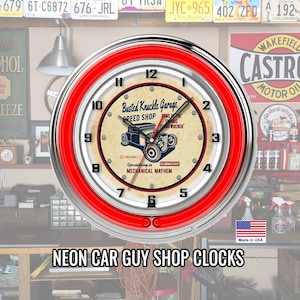 Gift for Auto Mechanic Carguy Automotive Neon Clock for Shop, Den or Garage / The Busted Knuckle Garage