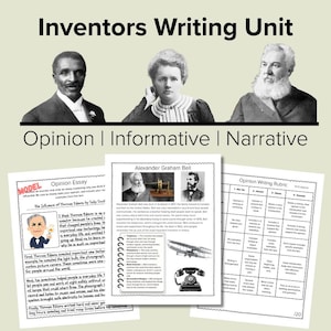 May include: Educational resource titled "Inventors Writing Unit" featuring portraits of inventors and writing prompts. Includes an opinion essay about Thomas Edison and a writing rubric. The theme is centred around inventors and their inventions.