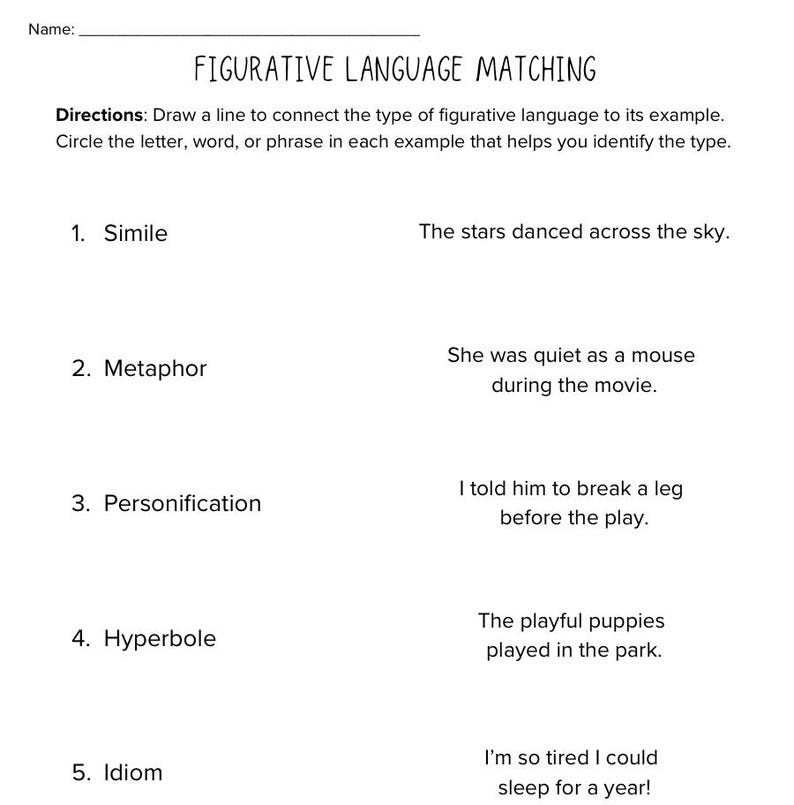 Metaphor Matching Figurative Language Worksheets | Simile Metaphor Idiom Alliteration ...
