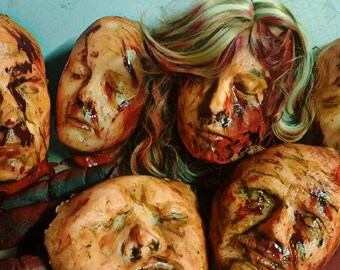 May include: A collection of five realistic-looking, detailed, and bloody human head masks. The masks are made of a soft, pliable material and are perfect for Halloween or other special events.