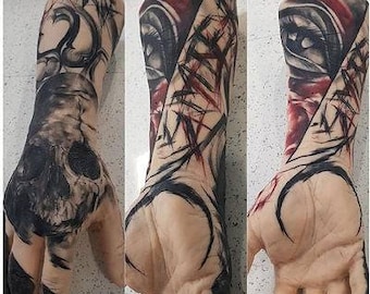 May include: A realistic tattoo sleeve with a black and white skull, a red and black eye, and black lines on a light skin tone.